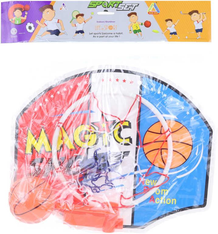 Basketbalový set deska 40x33cm s košíkem a míčem na košíkovou v sáčku