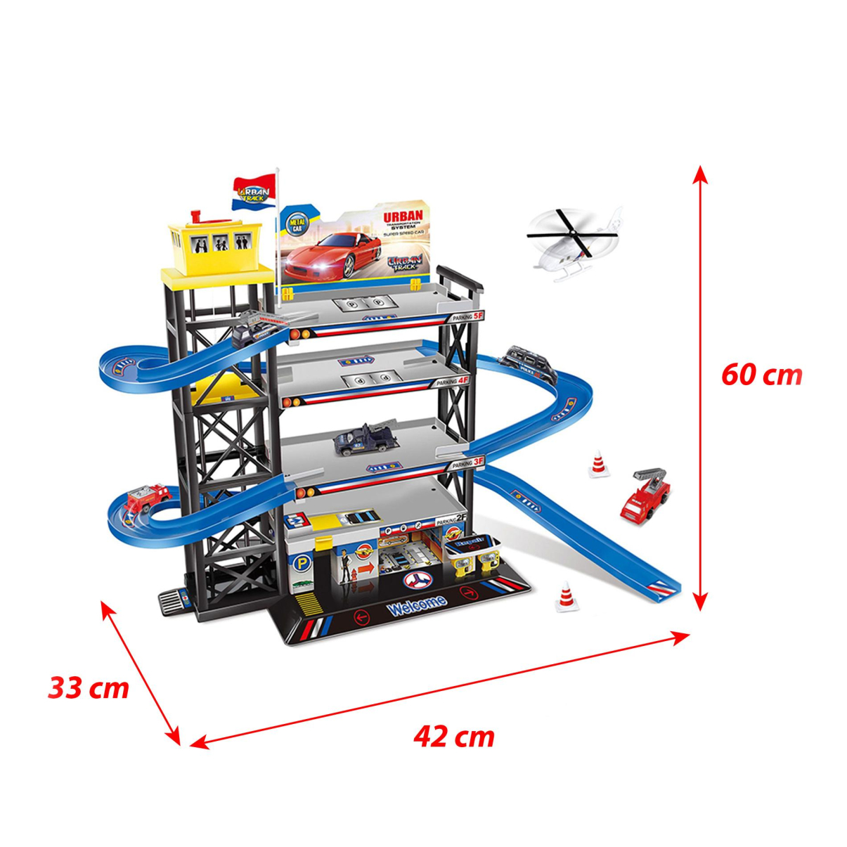 Velká parkovací garáž s heliportem