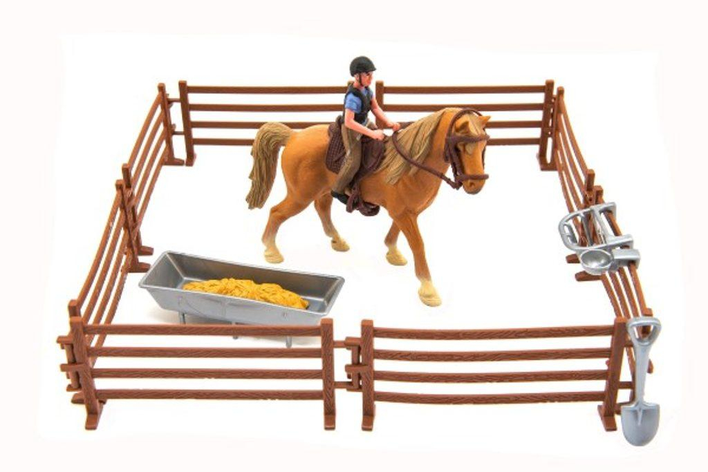 Kůň + panáček žokej plast s ohradou s doplňky v krabici 33x19x5,5cm