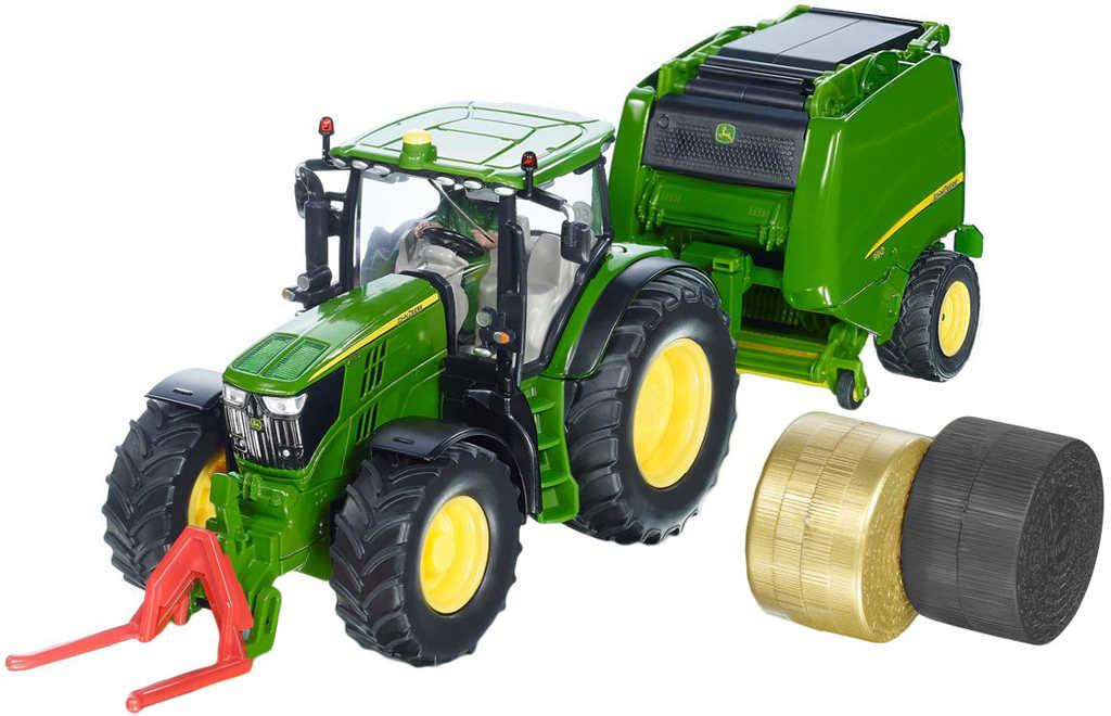 SIKU Farmer Traktor John Deere + balíkovačka 1:32 set s balíky a figurkou 3838