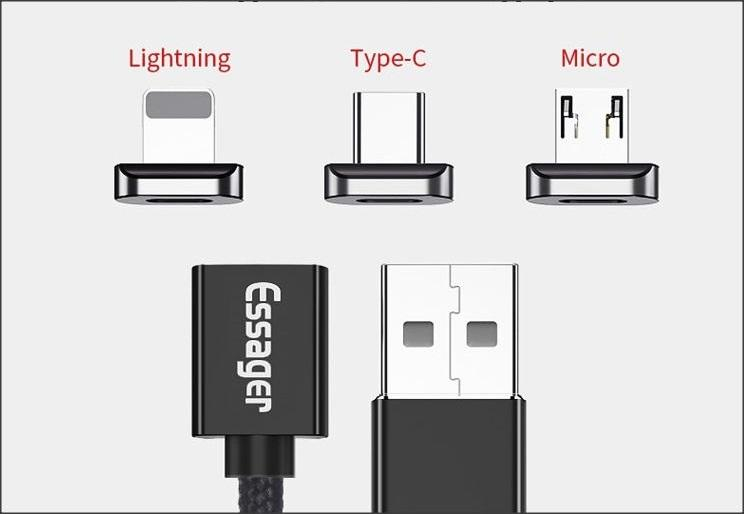 USB nabíječka Essager se třemi druhy konektorů - Konektor Type-C černá